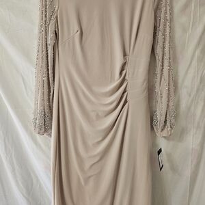 MARINA Tan Gold Pleated Ruched Bodycon Dress